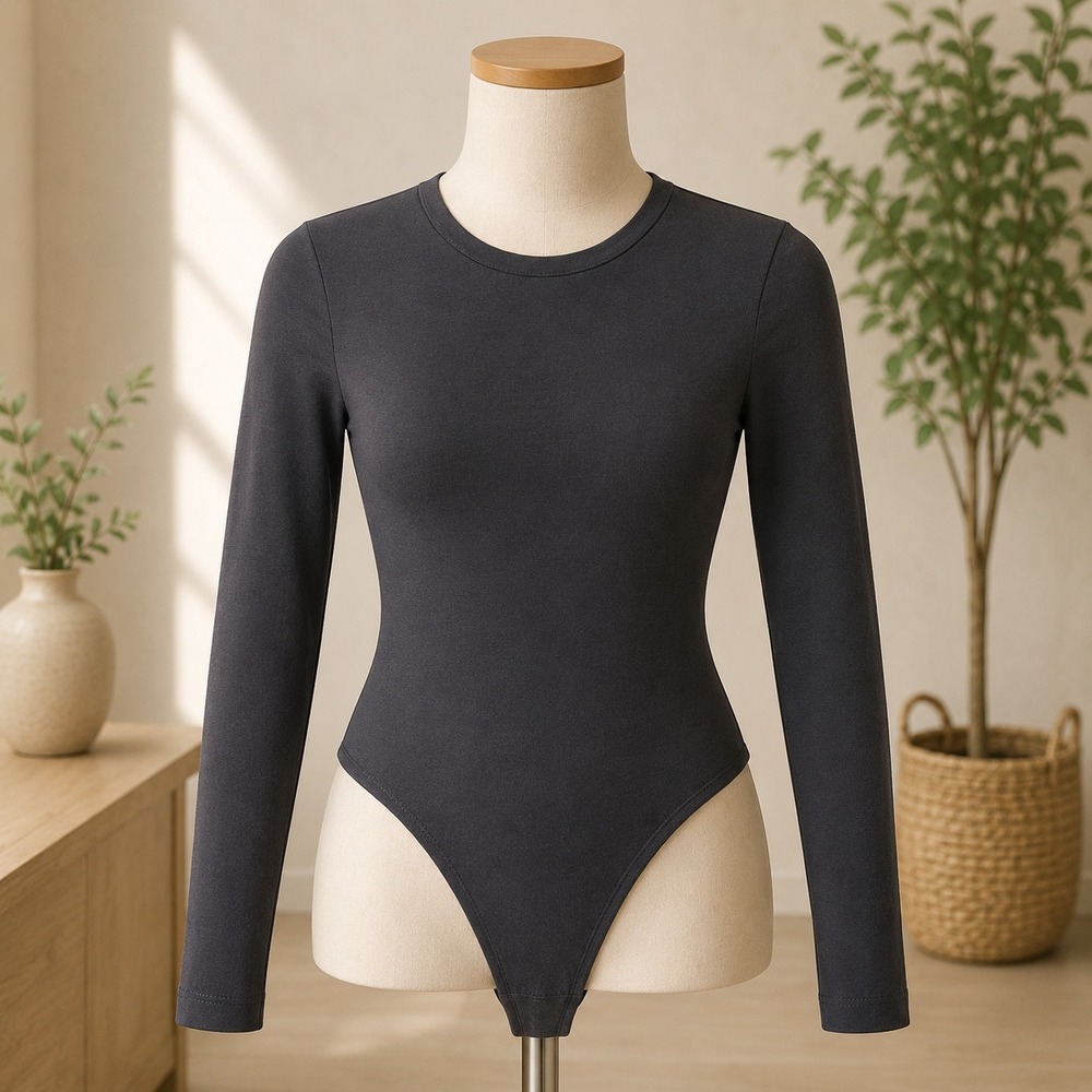NWOT Abound Ribbed Long Sleeve Bodysuit Womens XS/S Black Crew Neck Thong Base